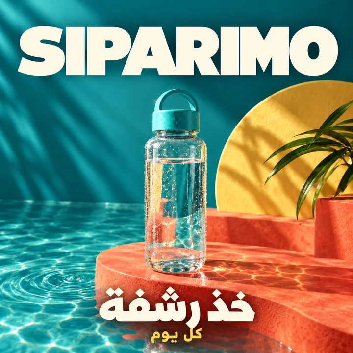غلاف SIPARIMO: زجاجة ماء ومياه فيروزية وضوء شمس دافئ